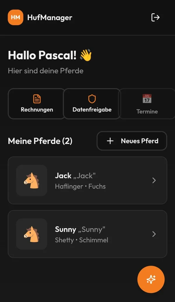 Startseite der Kunden-App: Begrüßung, Schnellzugriffe auf Rechnungen, Datenfreigabe und Termine, Liste der eigenen Pferde