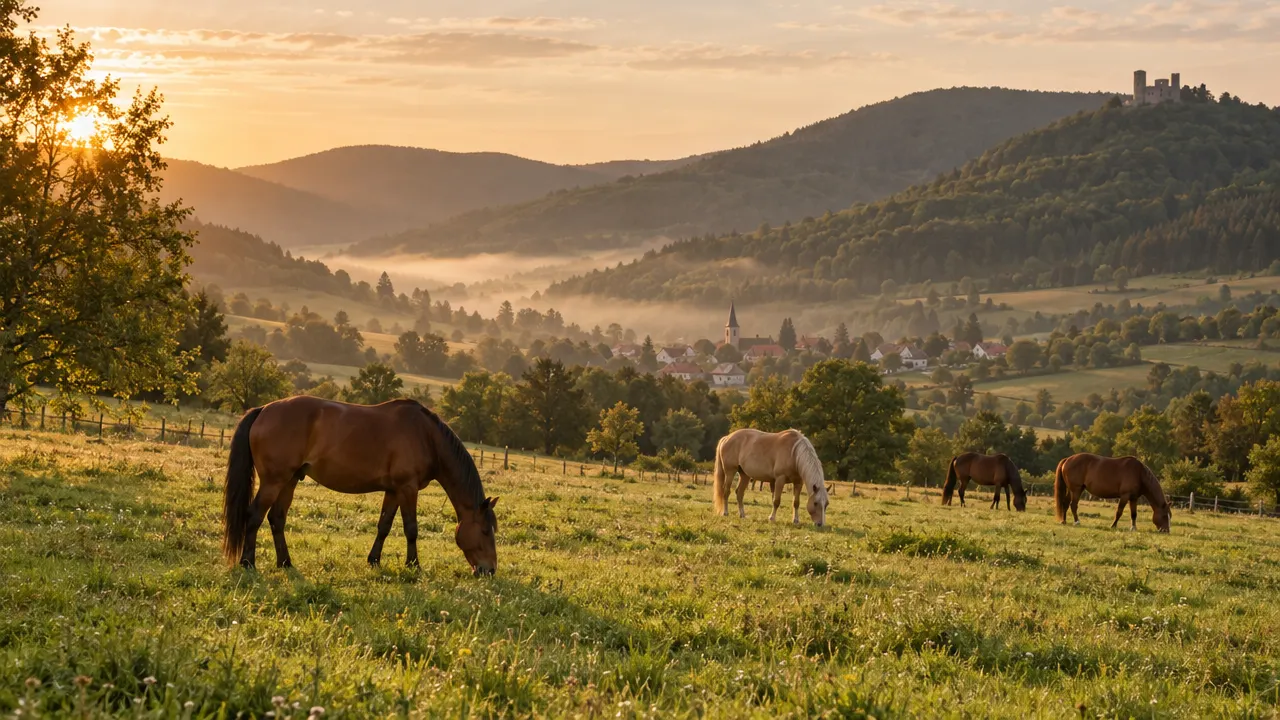 Pferde grasen am Abend auf einer Weide vor bewaldeten Pfälzer Hügeln